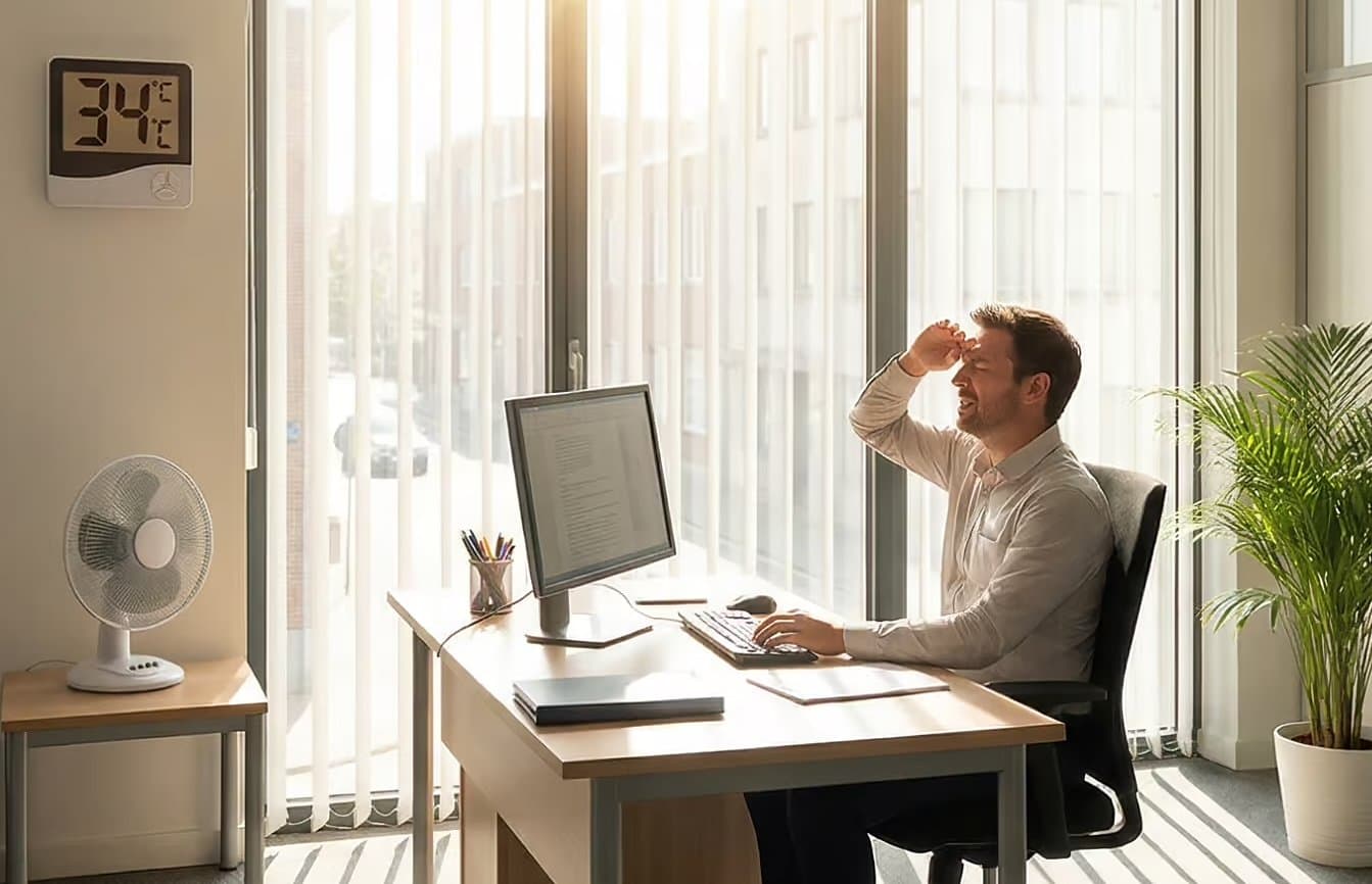 Bureau surchauffé par le soleil, sans film solaire